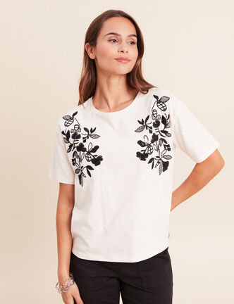 T-shirt ample col rond brod&eacute; ecru femme