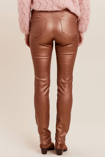 Pantalon ajusté enduit à pont camel femme
