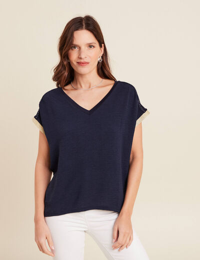 T-shirt maille légère manches courtes noir femme