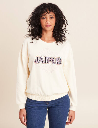 Sweat col rond broderie manches longues ecru femme