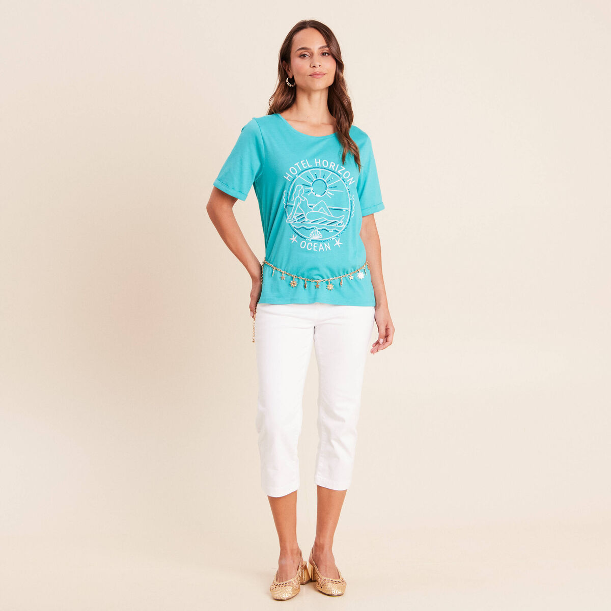 T-shirt col rond manches courtes brod&eacute; vert turquoise femme
