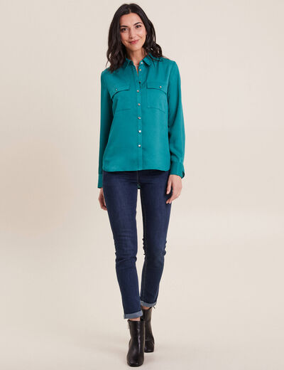 Chemise manches longues satin vert émeraude femme