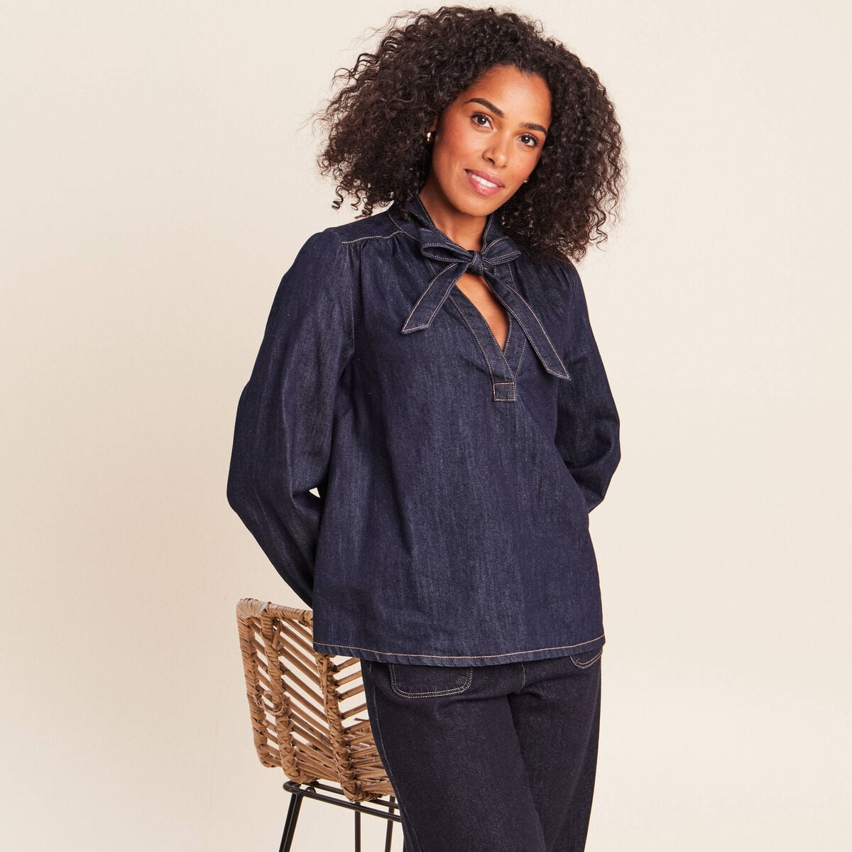 Blouse denim col &agrave; nouer denim brut femme