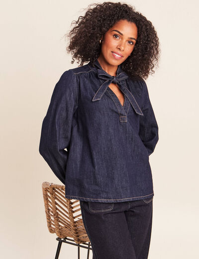 Blouse denim col &agrave; nouer denim brut femme