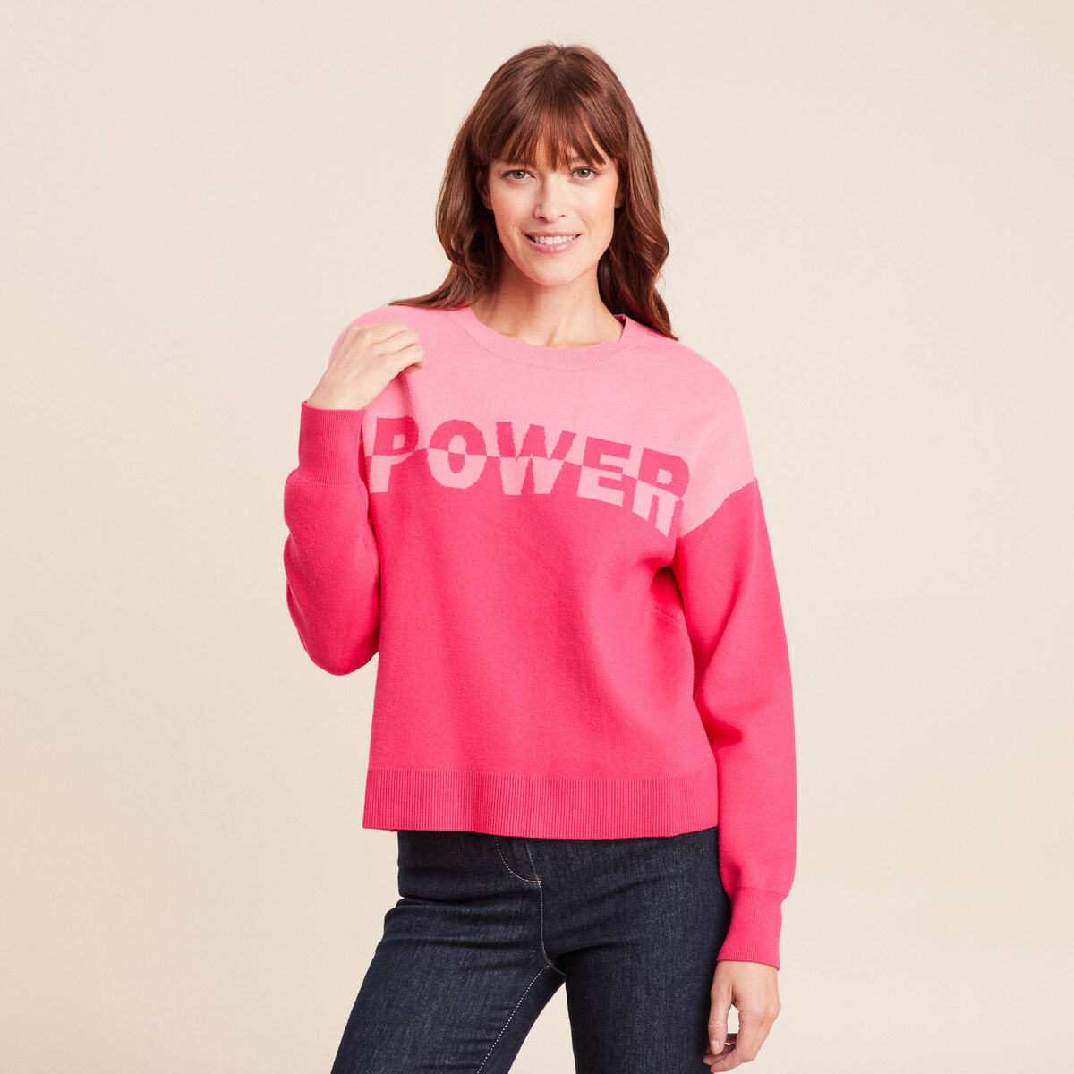 Pull col rond manches longues rose fushia femme
