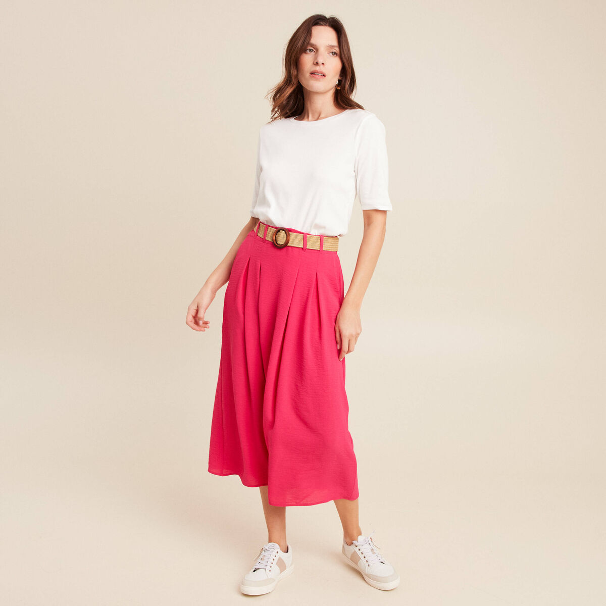 T-shirt ajust&eacute; col rond manches coudes ecru femme