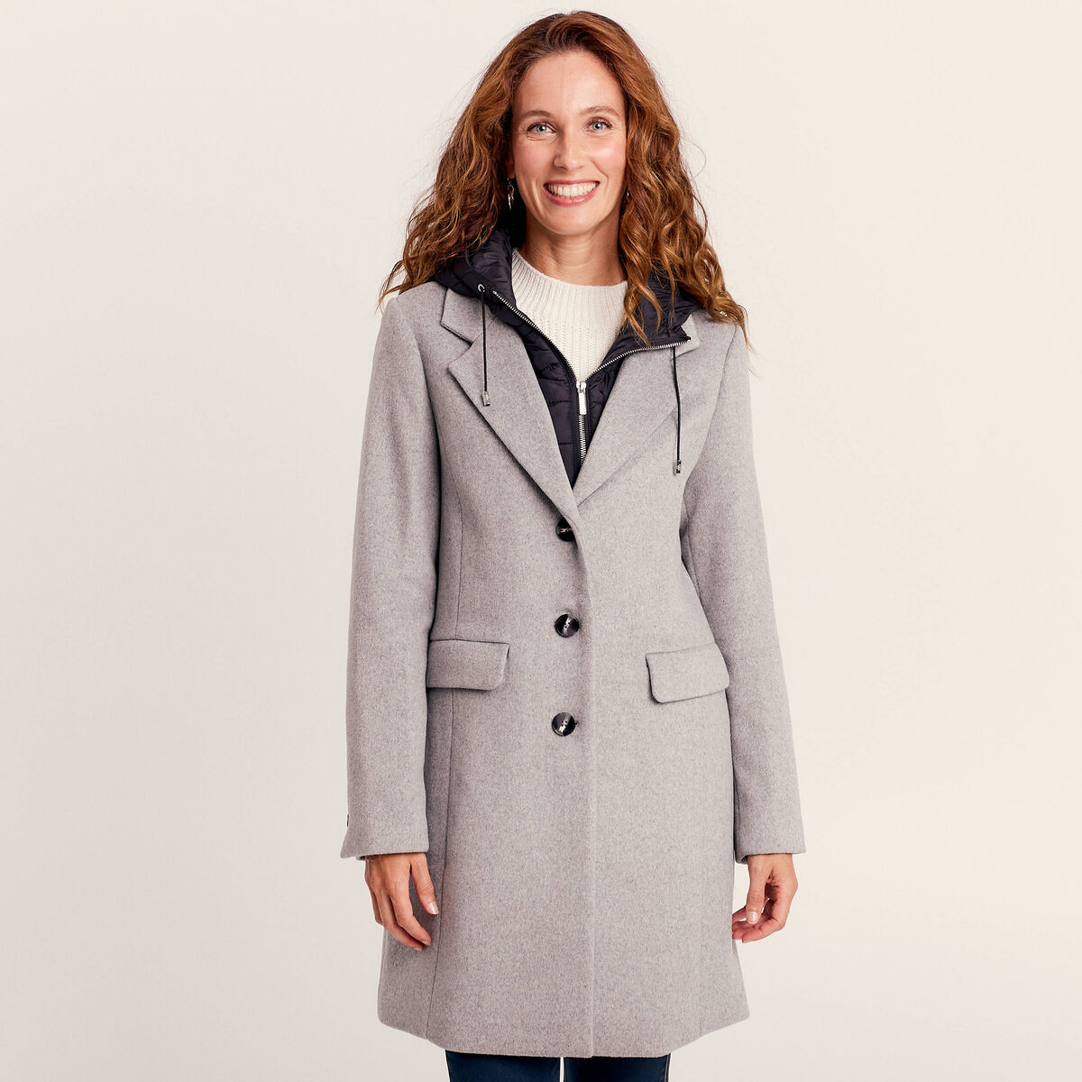 Manteau 2 en 1 droit &agrave; capuche gris clair femme