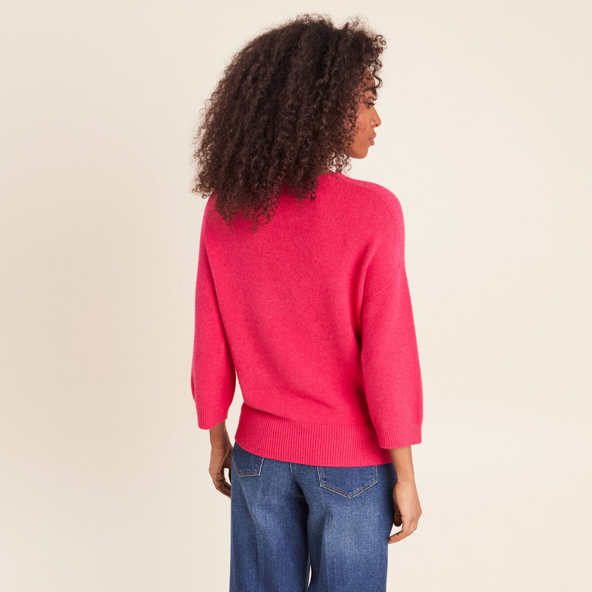Pull droit col rond manches 3/4 rose femme