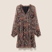 Robe courte &eacute;vas&eacute;e col v manches longues marron femme