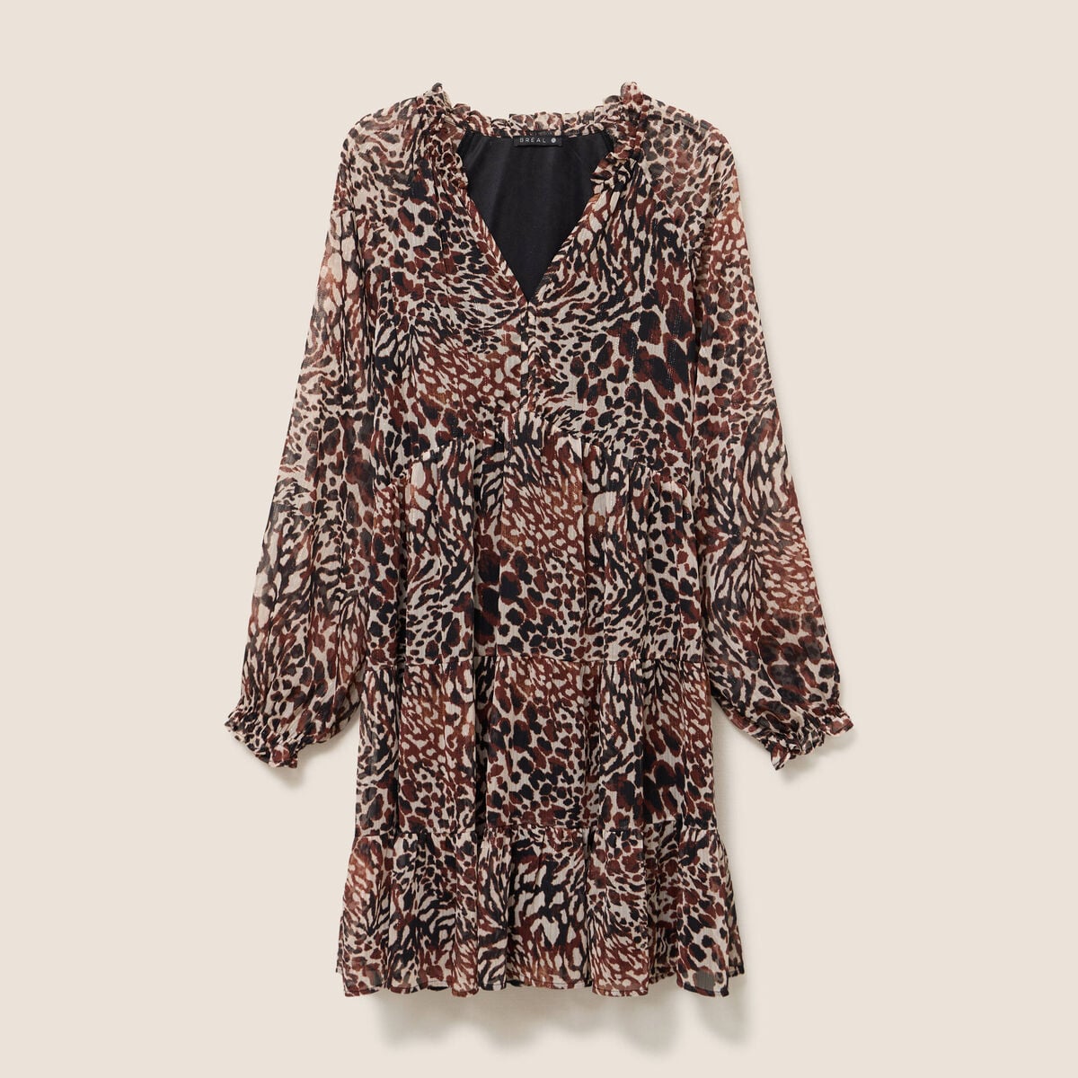 Robe courte &eacute;vas&eacute;e col v manches longues marron femme