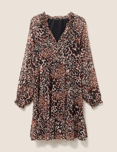 Robe courte &eacute;vas&eacute;e col v manches longues marron femme