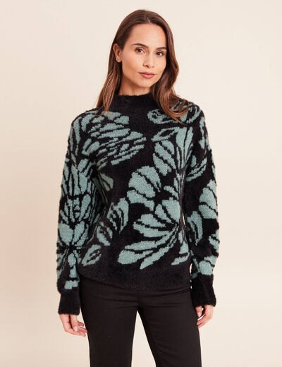 Pull duveteux col montant noir femme