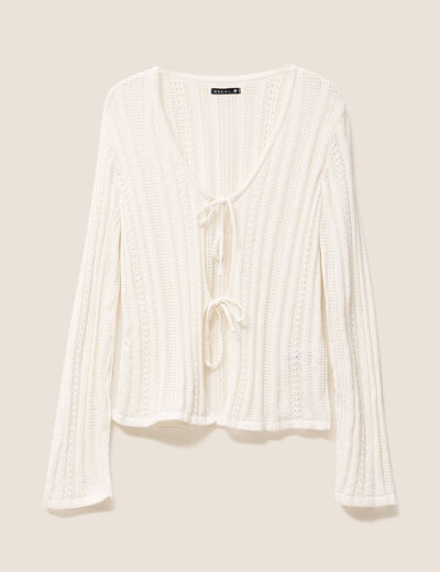 Gilet mi-long manches longues ecru femme