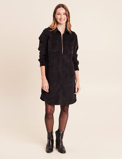 Robe droite courte velours col chemise noir femme