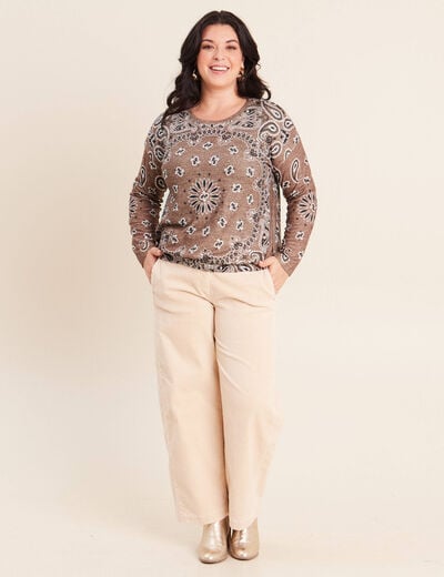 Pull col rond manches longues strass marron femme