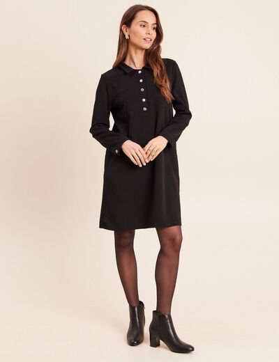 Robe droite courte en maille col chemise noir femme