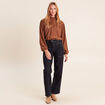 Blouse droite pliss&eacute;e col montant marron fonc&eacute; femme