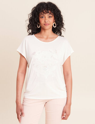 T-shirt col rond manches courtes brod&eacute; ecru femme