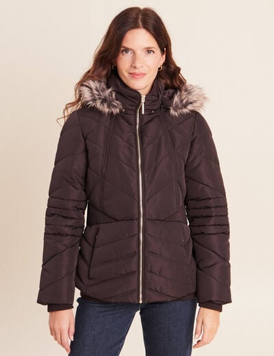 Doudoune cintr&eacute;e capuche manches longues marron fonc&eacute; femme