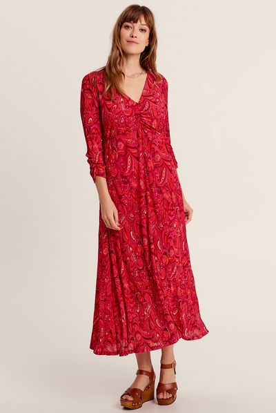 Robe longue évasée plissée rose femme