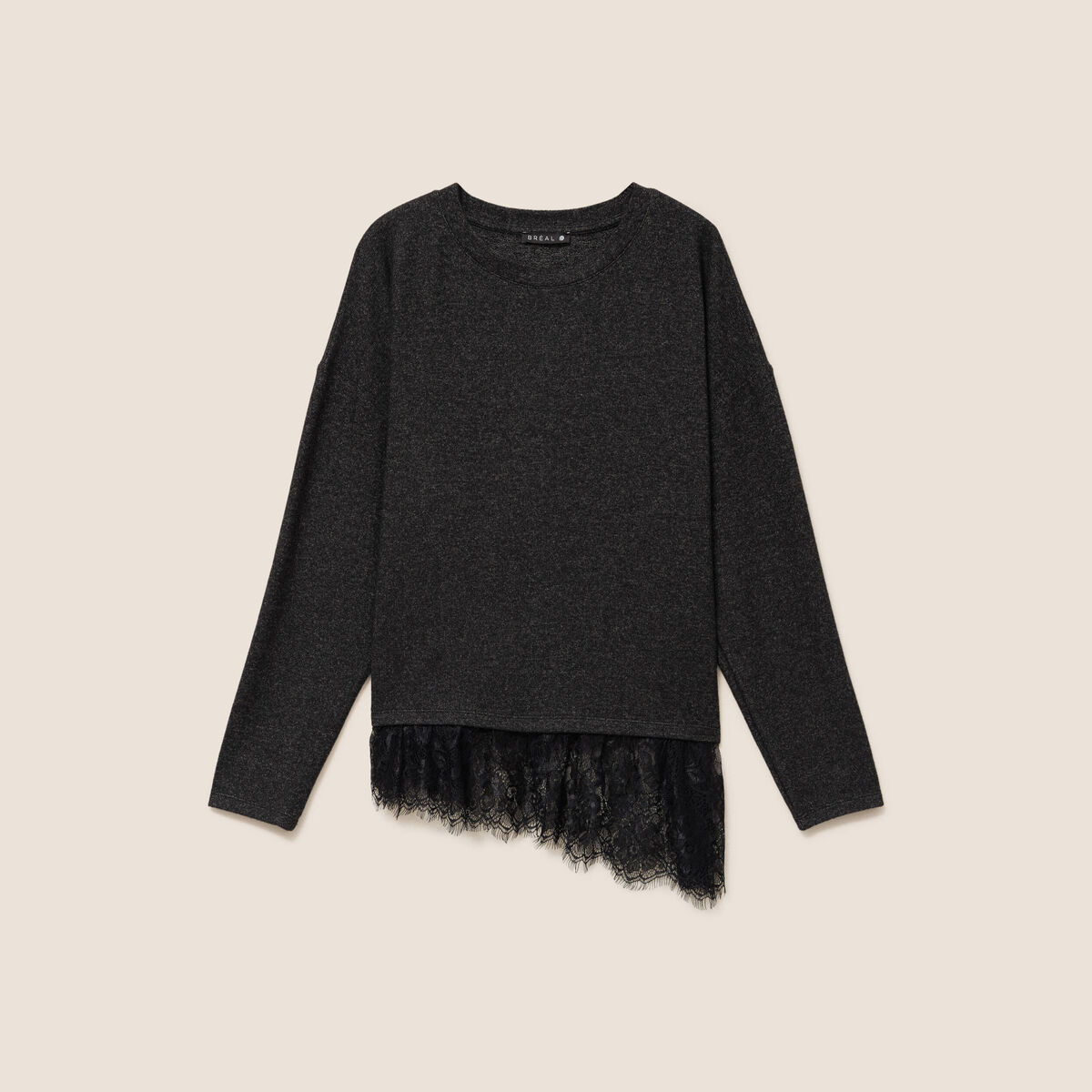 Pull col rond manches longues dentelle gris fonc&eacute; femme