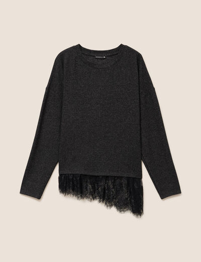 Pull col rond manches longues dentelle gris fonc&eacute; femme