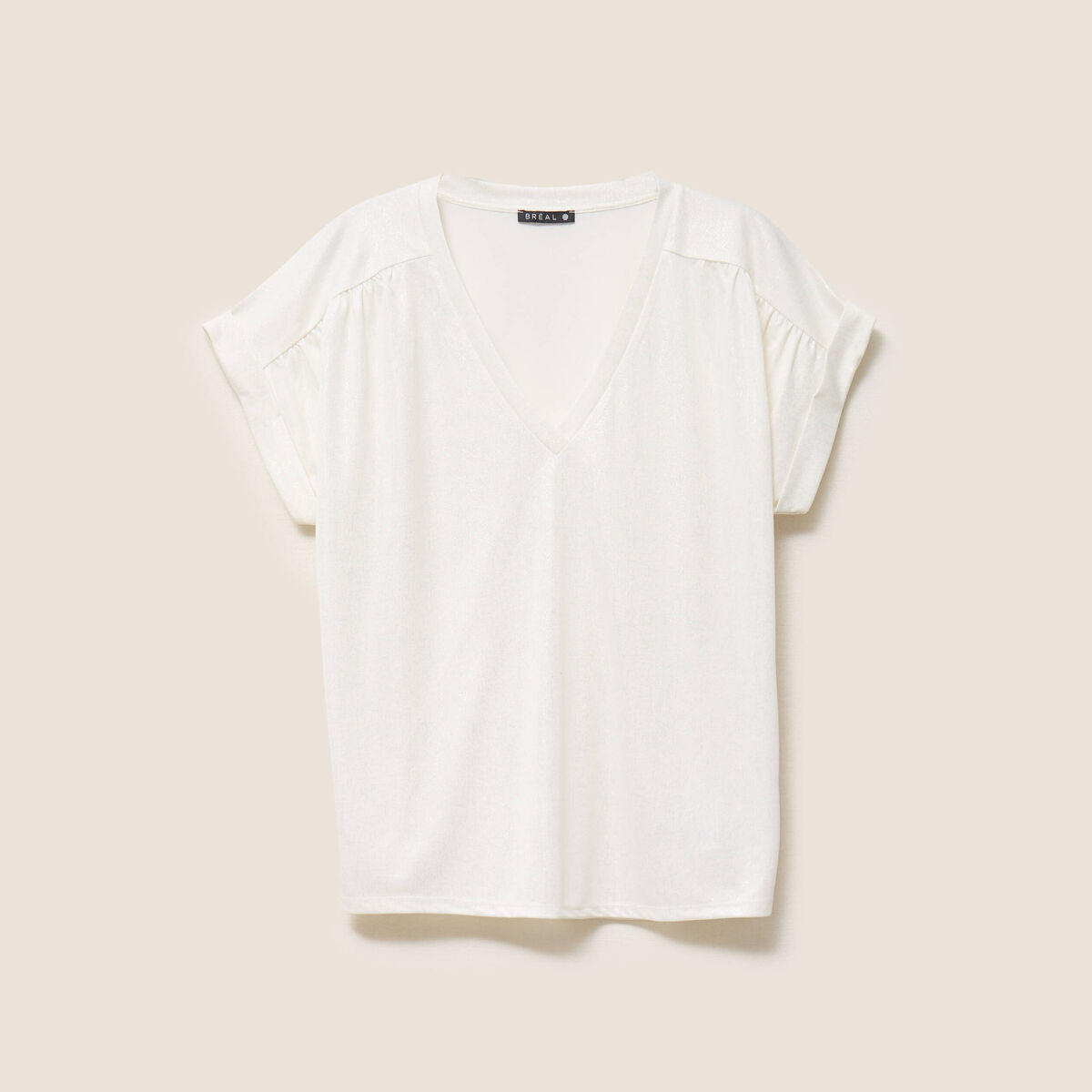 T-shirt col v manches courtes brillant ecru femme