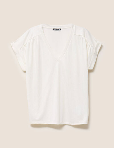 T-shirt col v manches courtes brillant ecru femme