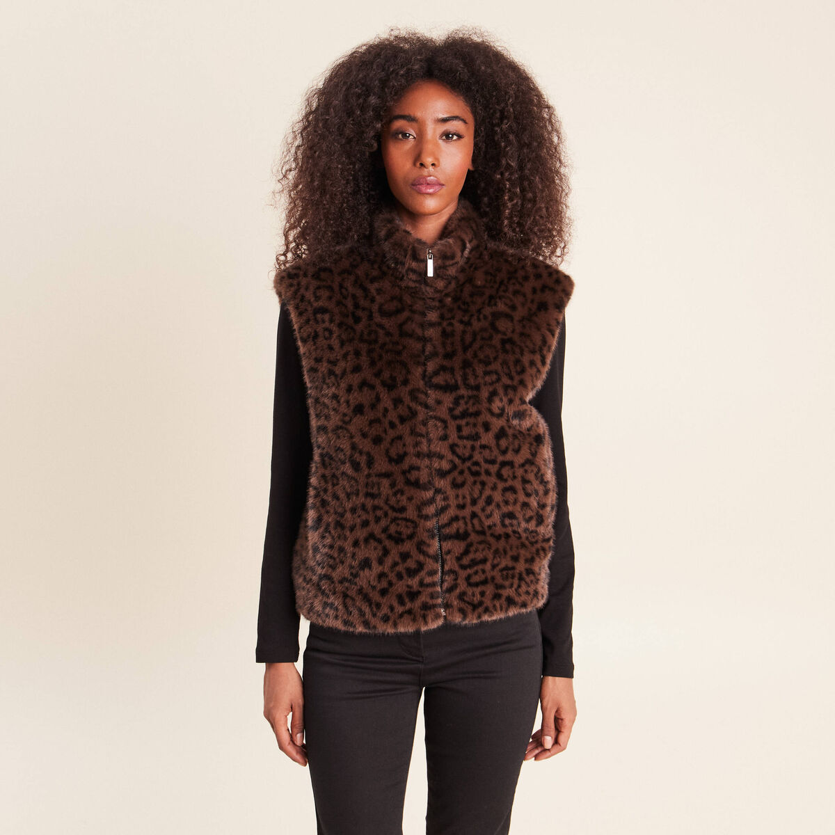 Veste col montant doubl&eacute;e marron femme