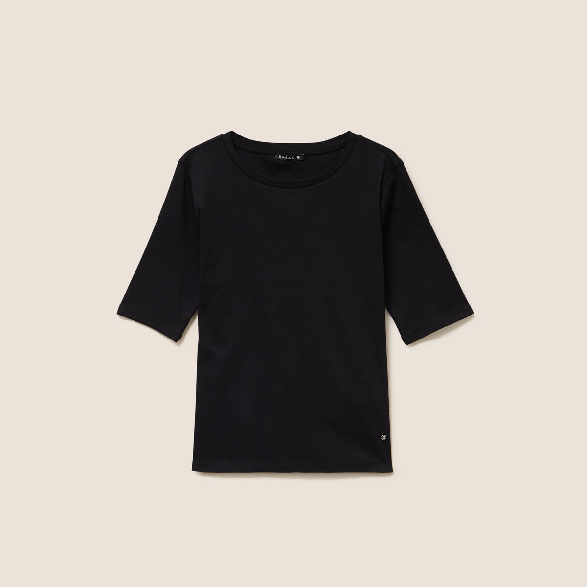 T-shirt ajust&eacute; col rond manches coudes noir femme