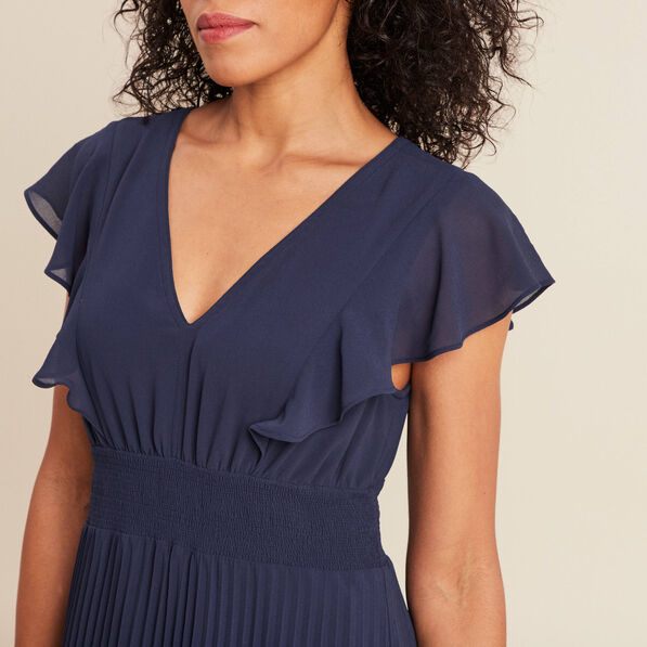 Robe longue évasée à volants bleu marine femme