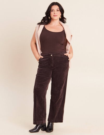 Pantalon large velours c&ocirc;tel&eacute; marron fonc&eacute; femme