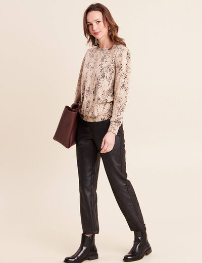 T-shirt court col rond manches longues beige femme