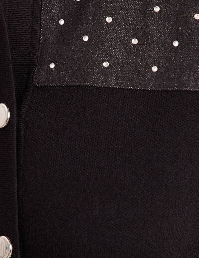 Gilet col rond manches longues strass noir femme