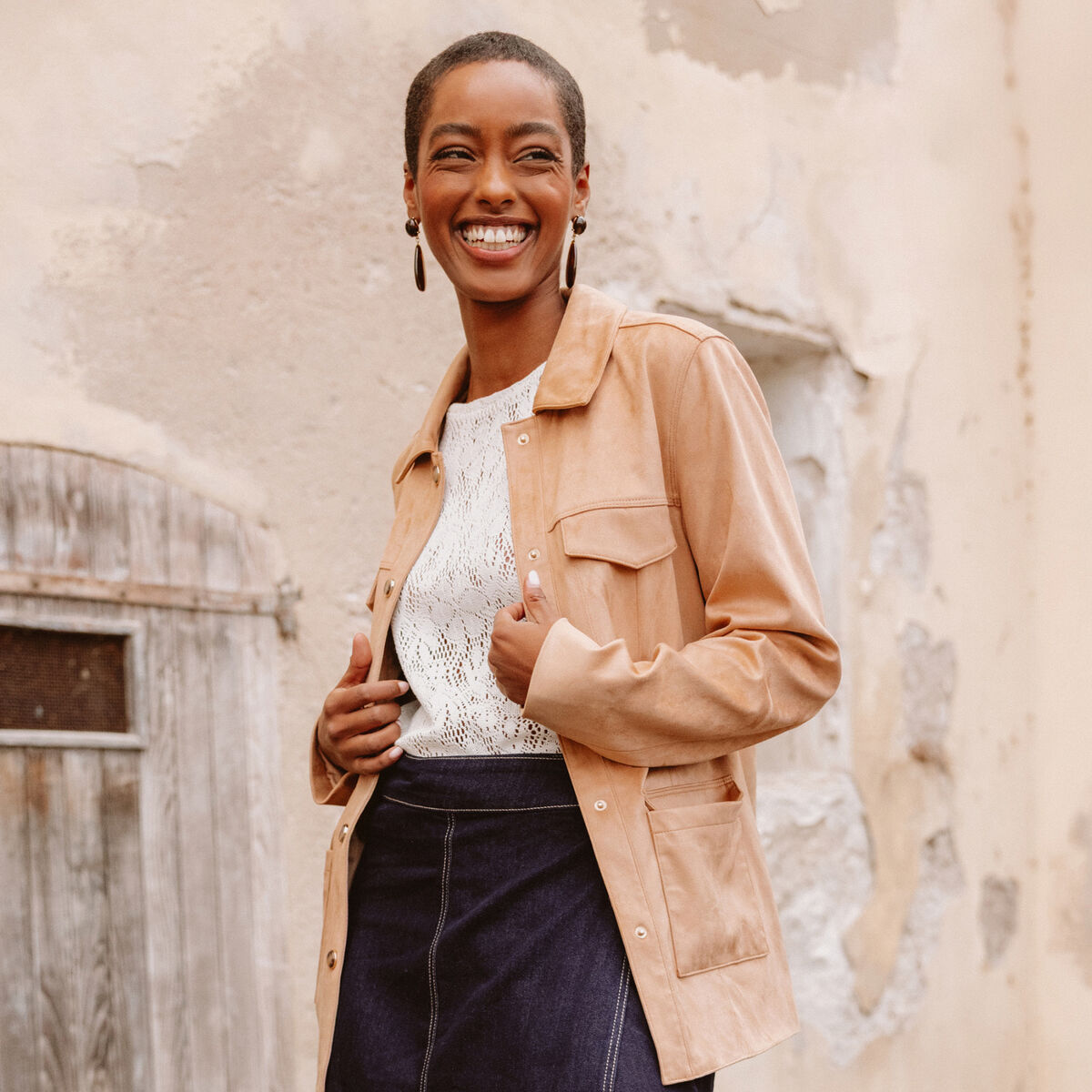Veste droite longue aspect daim marron clair femme