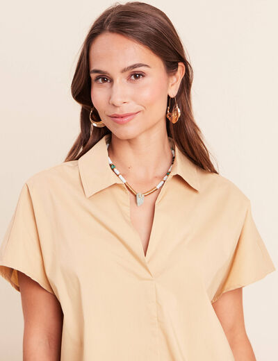 Blouse ample col chemise manches courtes beige femme