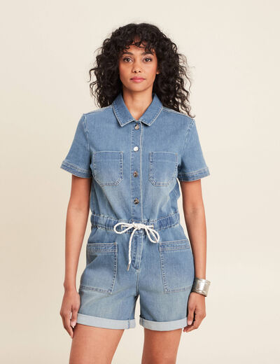Combishort en jean denim double stone femme