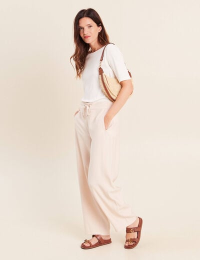 Pantalon large taille haute creme femme