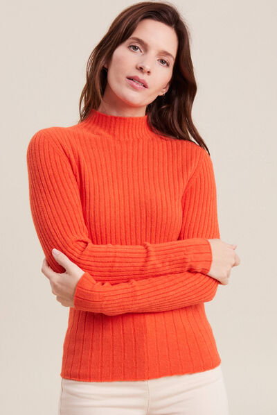 Pull manches longues côtelé orange femme