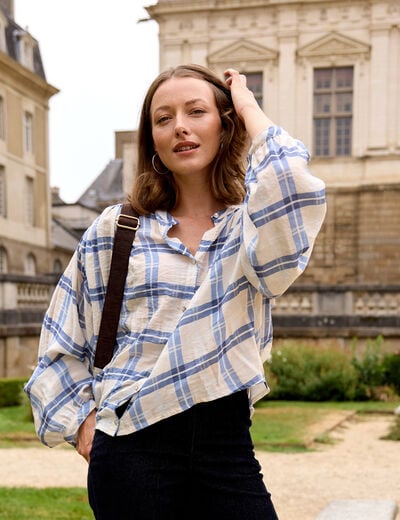 Chemise ample col rond manches longues bleu femme