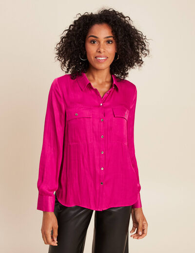 Chemise satin&eacute;e manches longues rose fushia femme