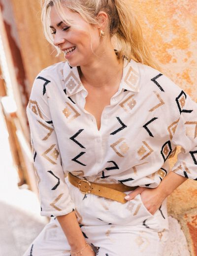 Chemise manches 3/4 brodée blanc femme