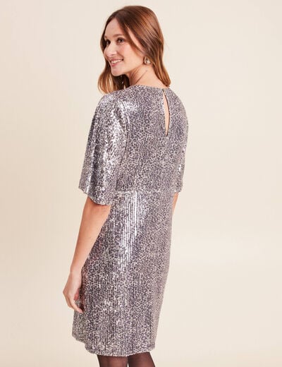 Robe ajust&eacute;e courte col v strass gris argent femme