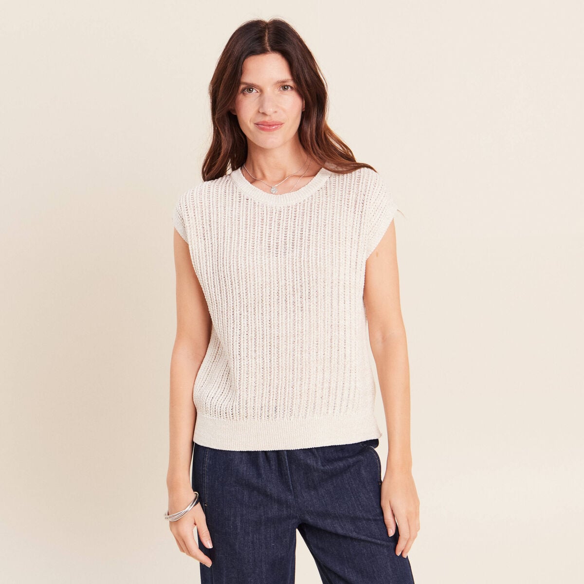 Pull ajour&eacute; col rond ecru femme