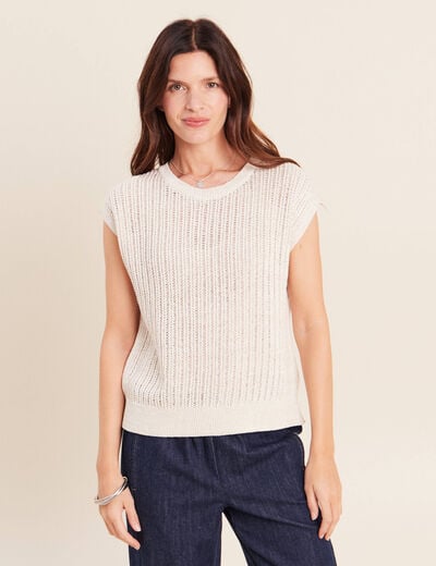 Pull ajour&eacute; col rond ecru femme