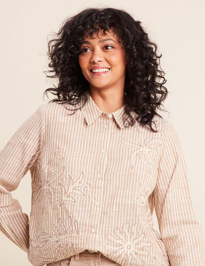 Chemise en coton brod&eacute;e manches longues marron femme