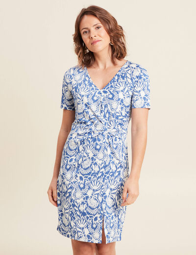 Robe droite courte col V bleu femme