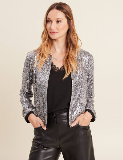 Veste zipp&eacute;e sequins gris argent femme
