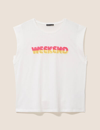 T-shirt col rond sans manches ecru femme