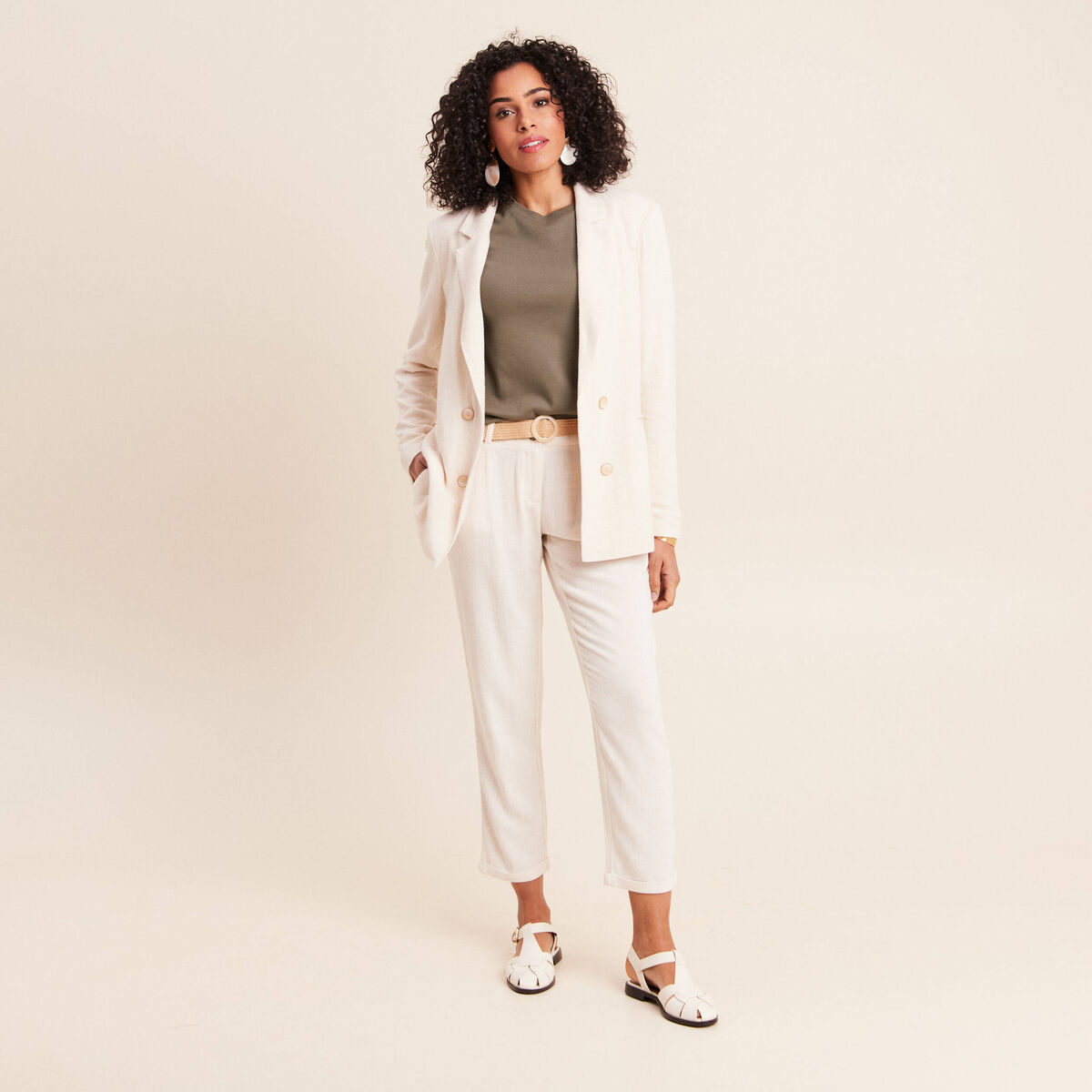 Pantalon large 7/8&egrave;me taille bascul&eacute;e beige femme